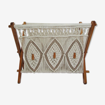 Porte-revues macramé coton et bois vintage années 70