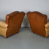 Pair of French Cognac Moustache Back Leather Club Chairs, 1940s