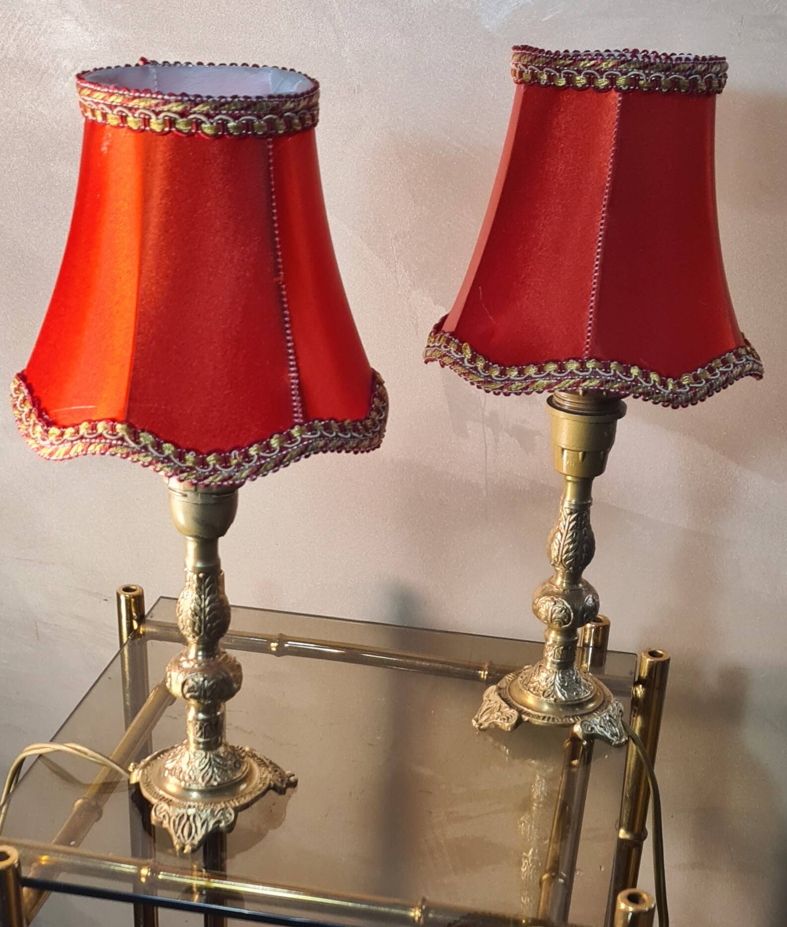 small pair of 70s bronze bedside lamps with red silk style lampshade, double, 29x14