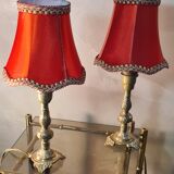 small pair of 70s bronze bedside lamps with red silk style lampshade, double, 29x14