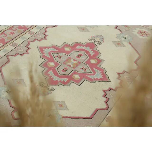 1970s Vintage Turkish Oushak Handmade Wool Cotton Cream Area Rug 150x205