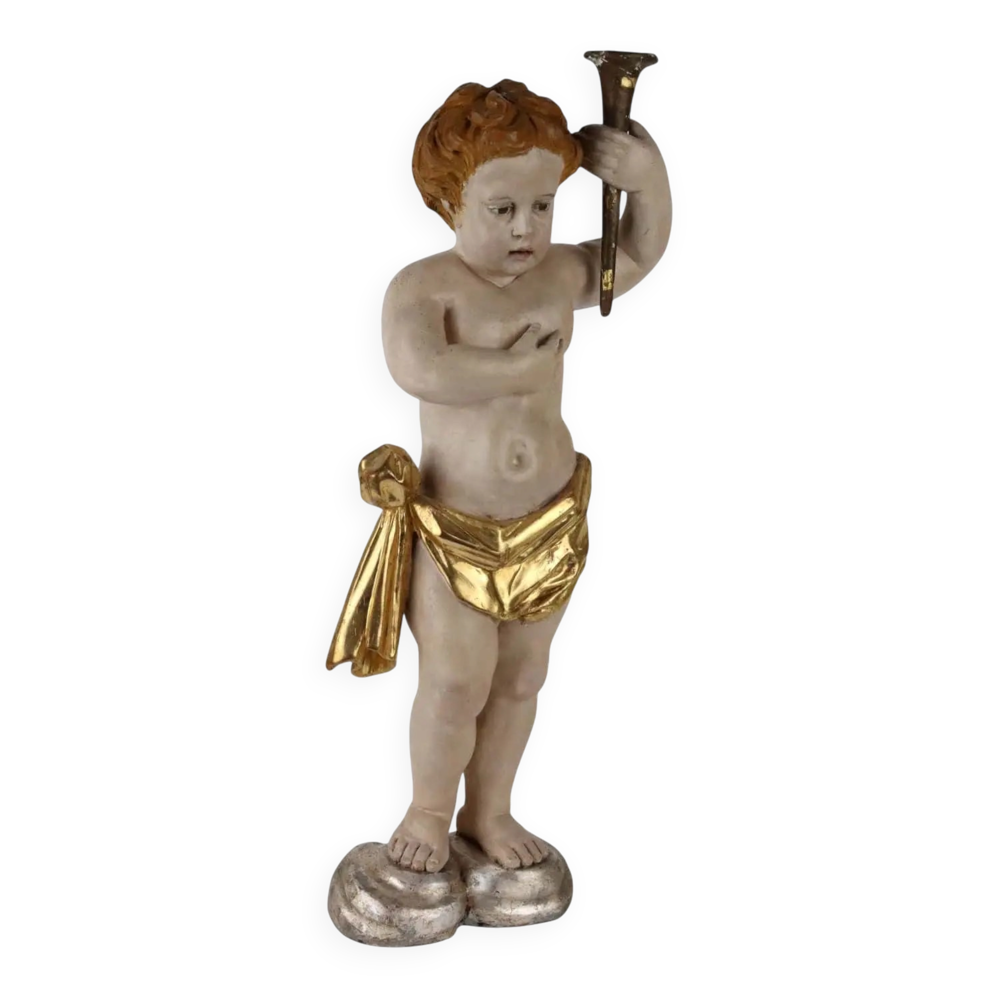 Ancient sculpture of a putto in carved and gilded wood, Italy, 19th century.