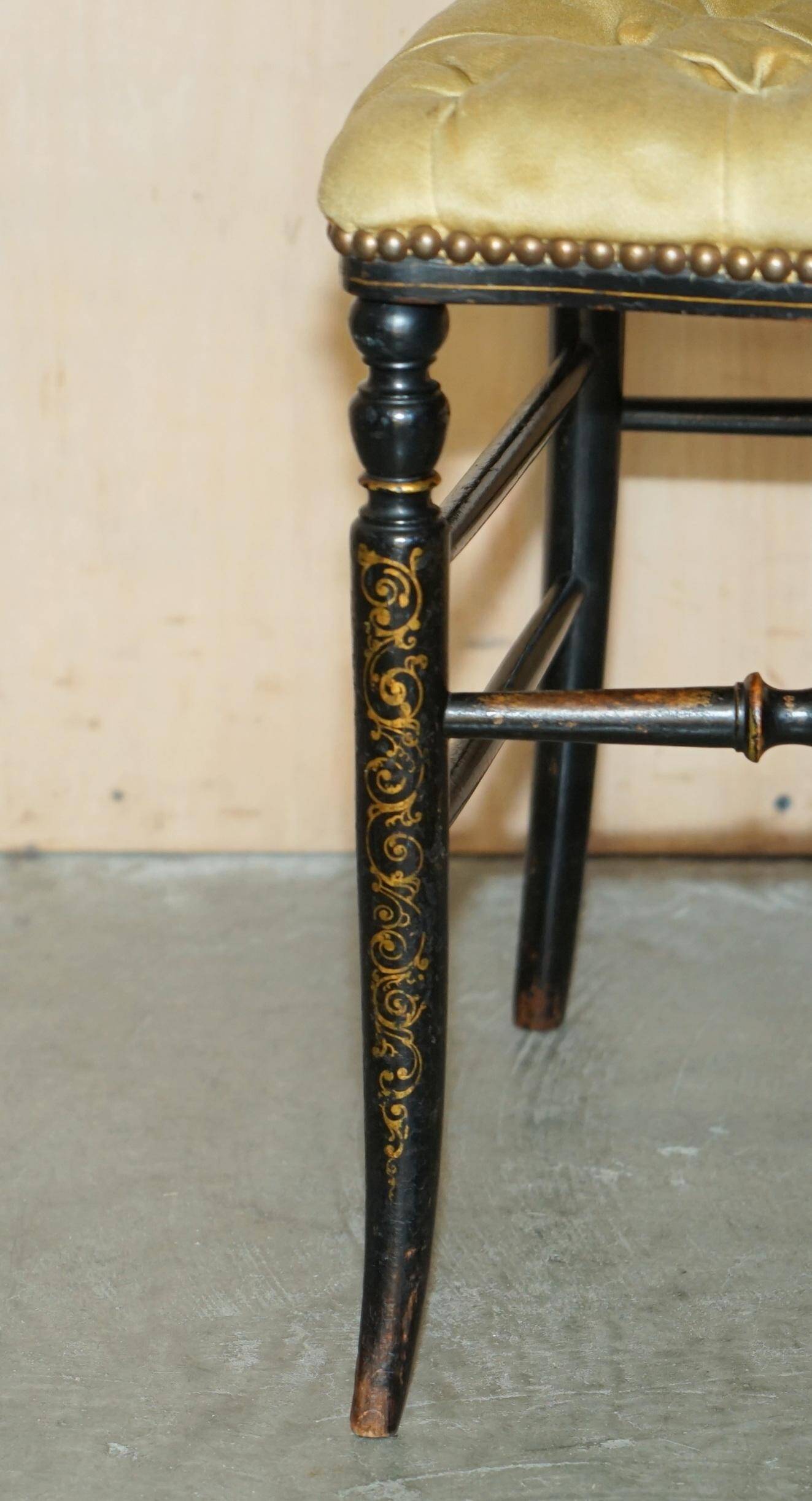 Regency Antique 1815 Occasional Chair in Ebonised Wood, Mother of Pearl, Silk and Chesterfield Upholstered Seat