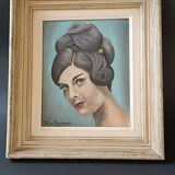 Tableau peinture à l'huile portrait femme 1960