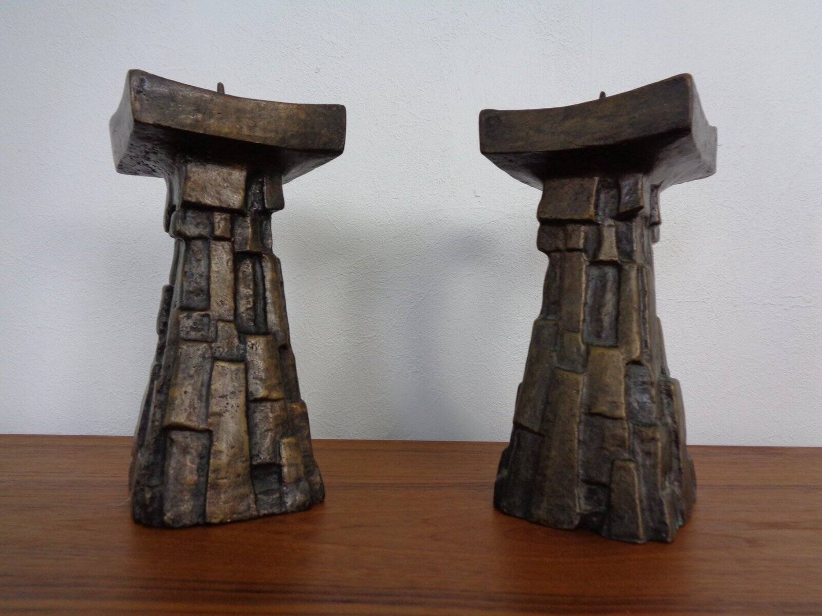 Large Brutalist German Bronze Candleholders, 1960s, Set of 2
