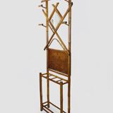Art nouveau bamboo coat rack with beveled mirror. 5 coat hooks, umbrella stand.