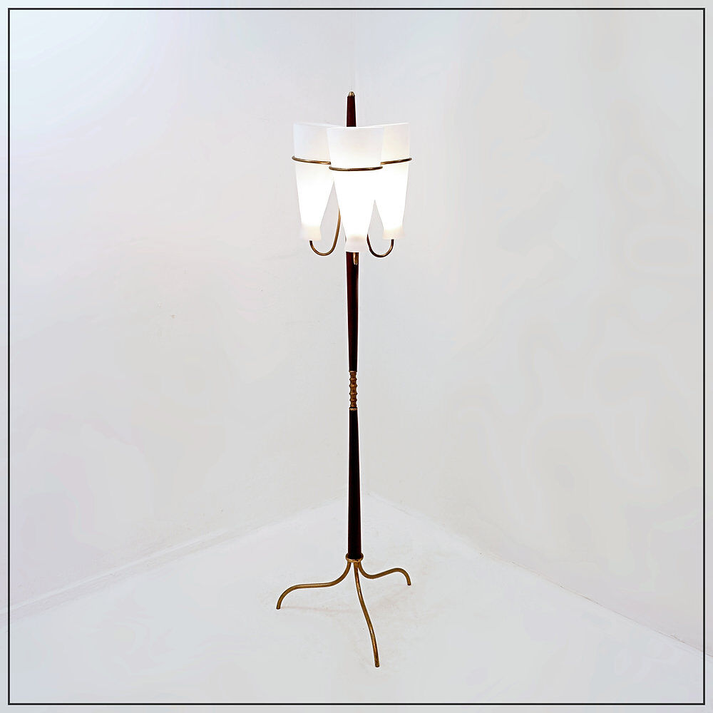 Tripod floor lamp with three arms and opaline glass - 1950s