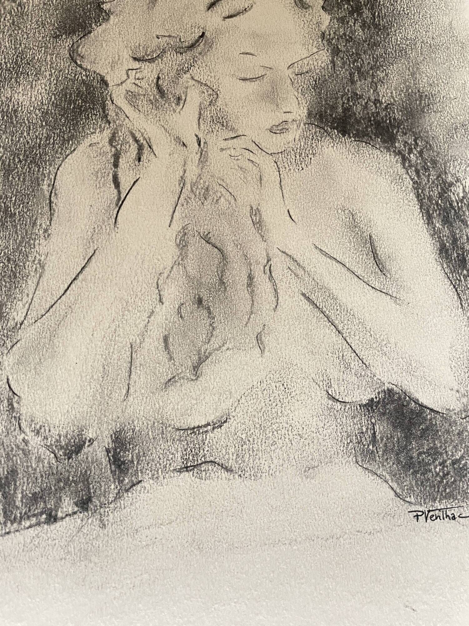 Charcoal painting signed portrait of woman combing her hair
