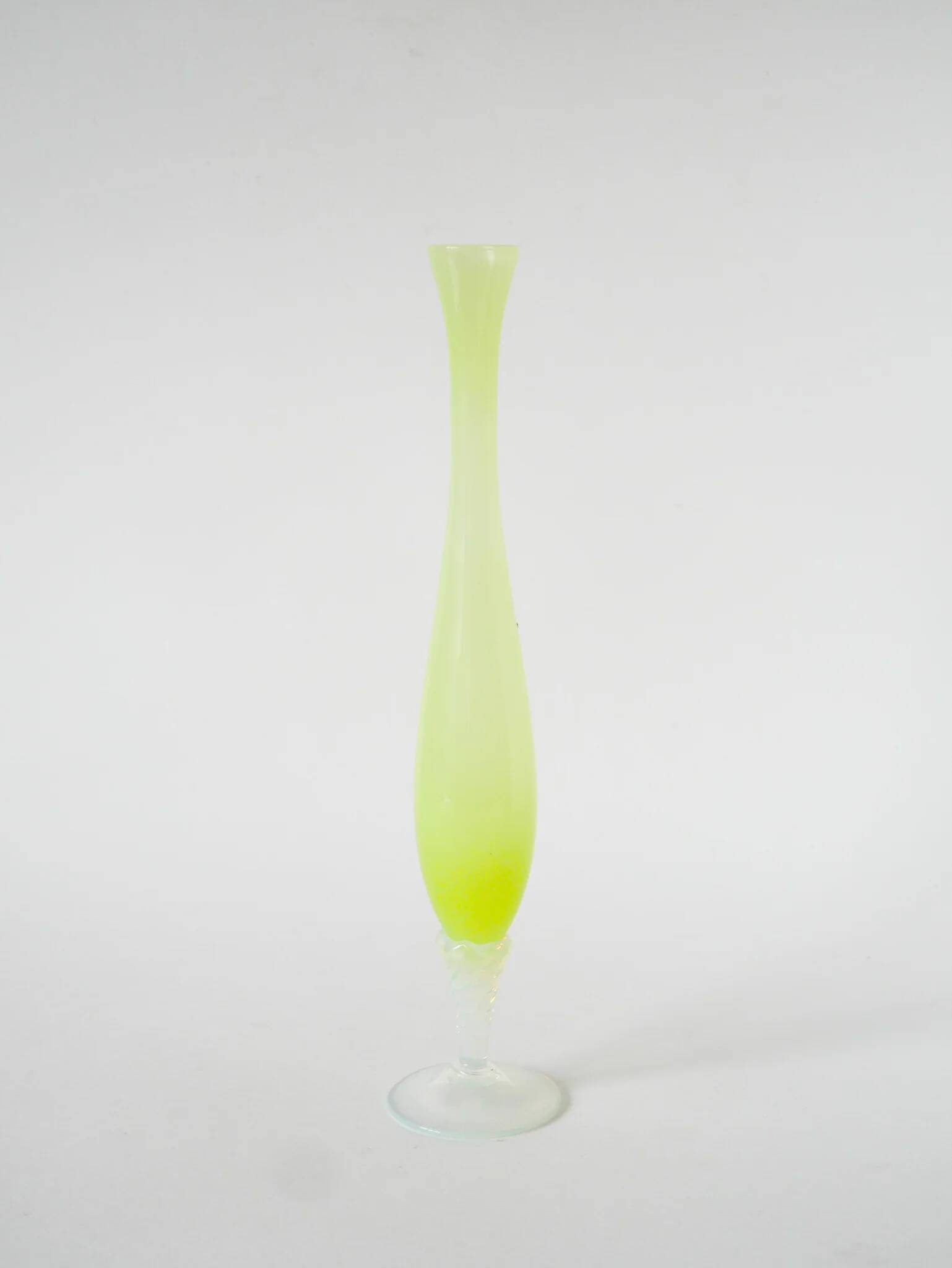 elongated opaline vase, yellow with white feet, 1960