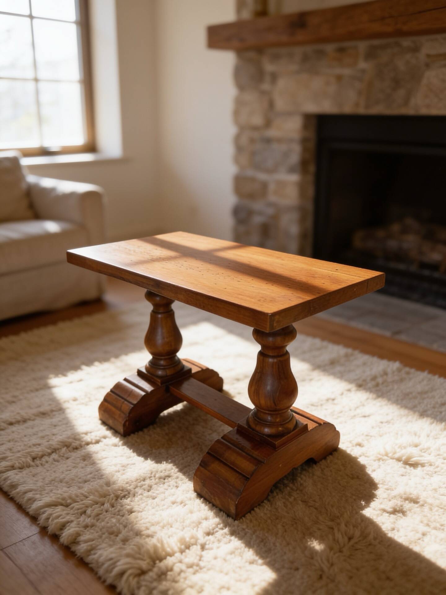 A small, rustic walnut wooden table, crafted from solid walnut wood, 1