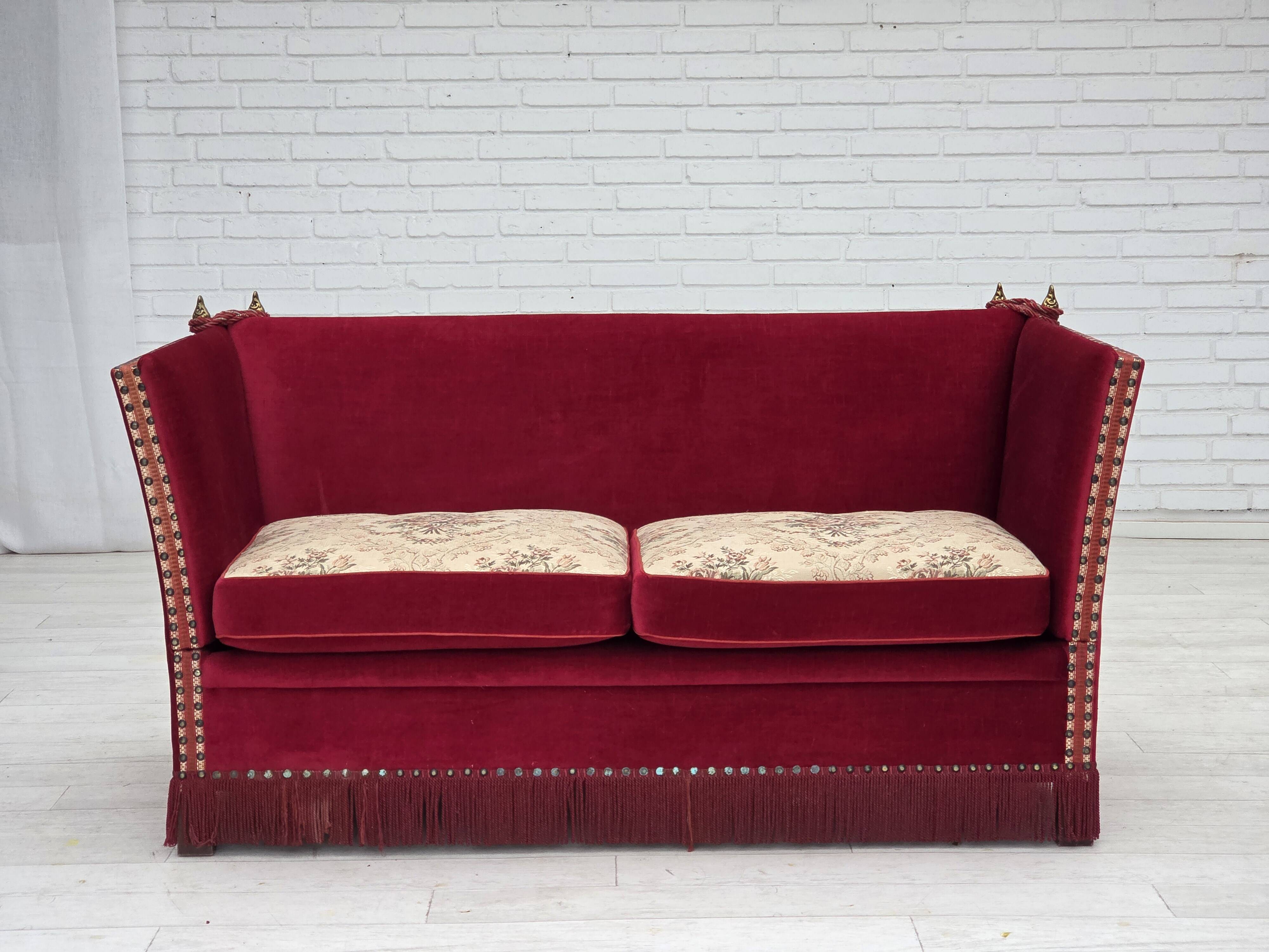 1970s, Danish "Spanish" sofa, furniture velour, ash wood legs.