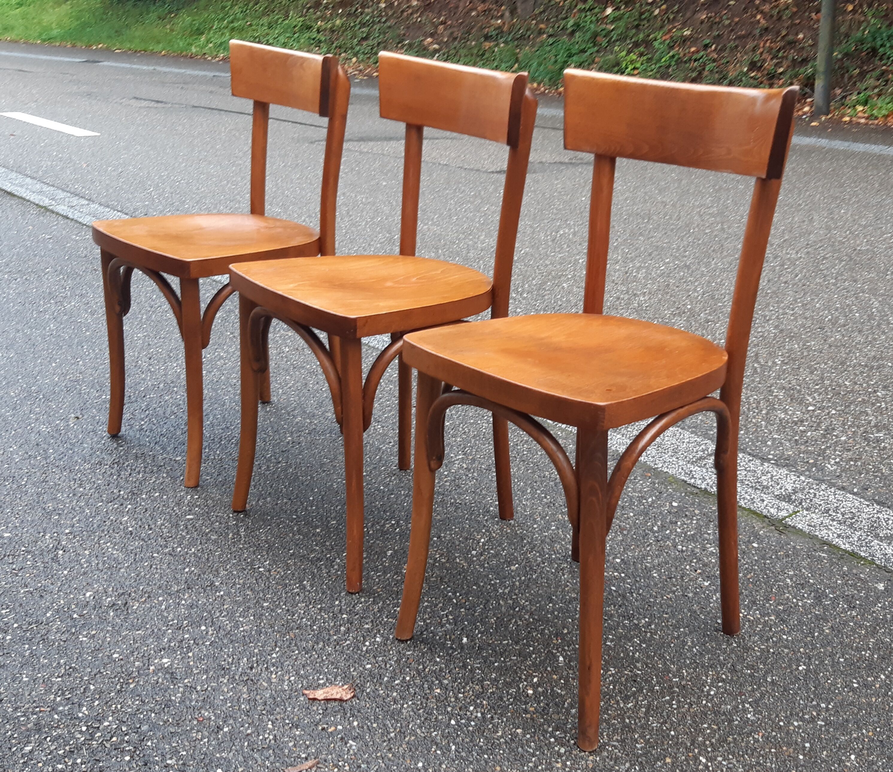 Set of 3 curved wood bistro chairs