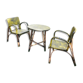 Ensemble table et fauteuils rotin et scoubidou