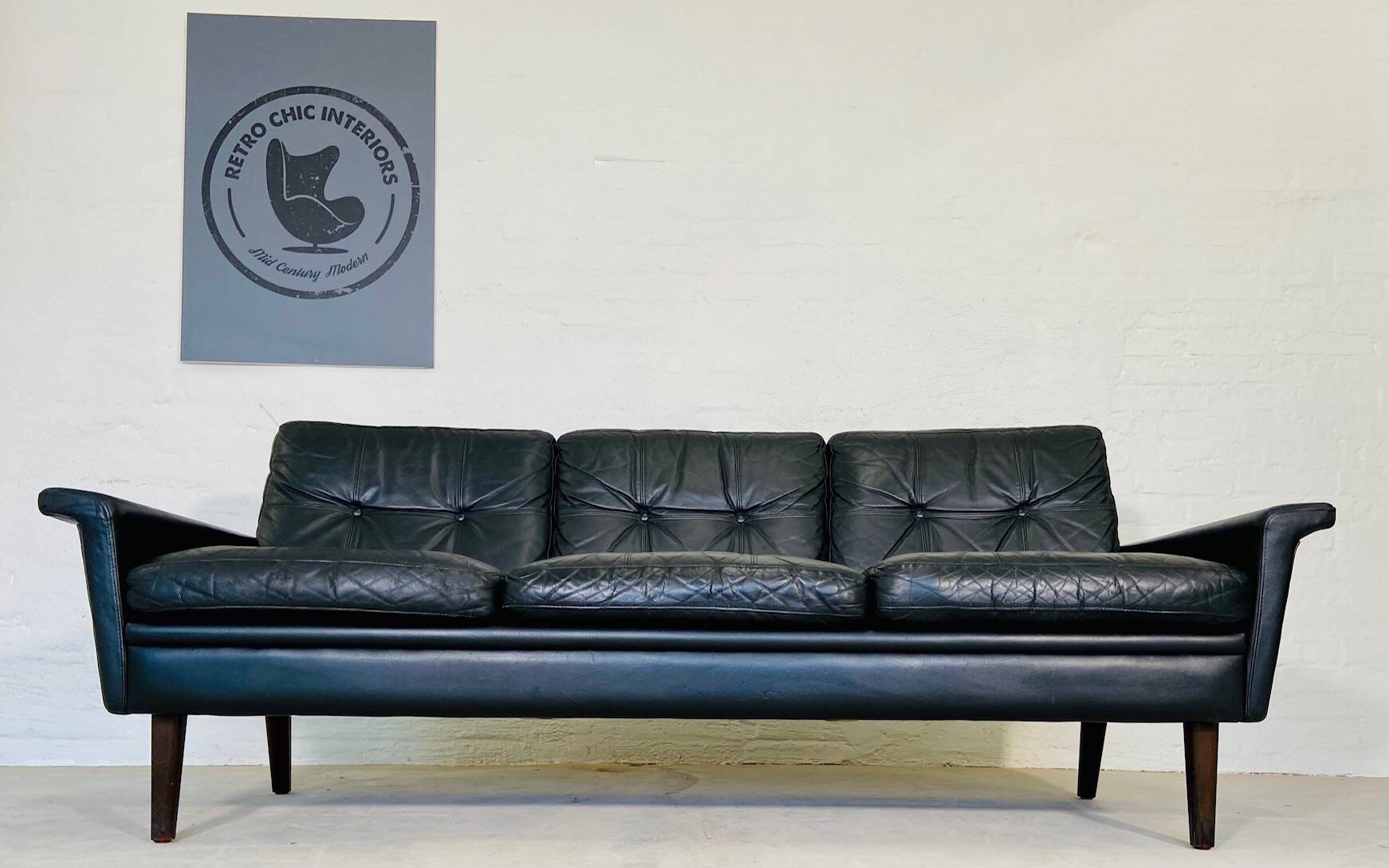 Vintage danish retro nili stoppmøbler 3 person sofa in black leather 1960s