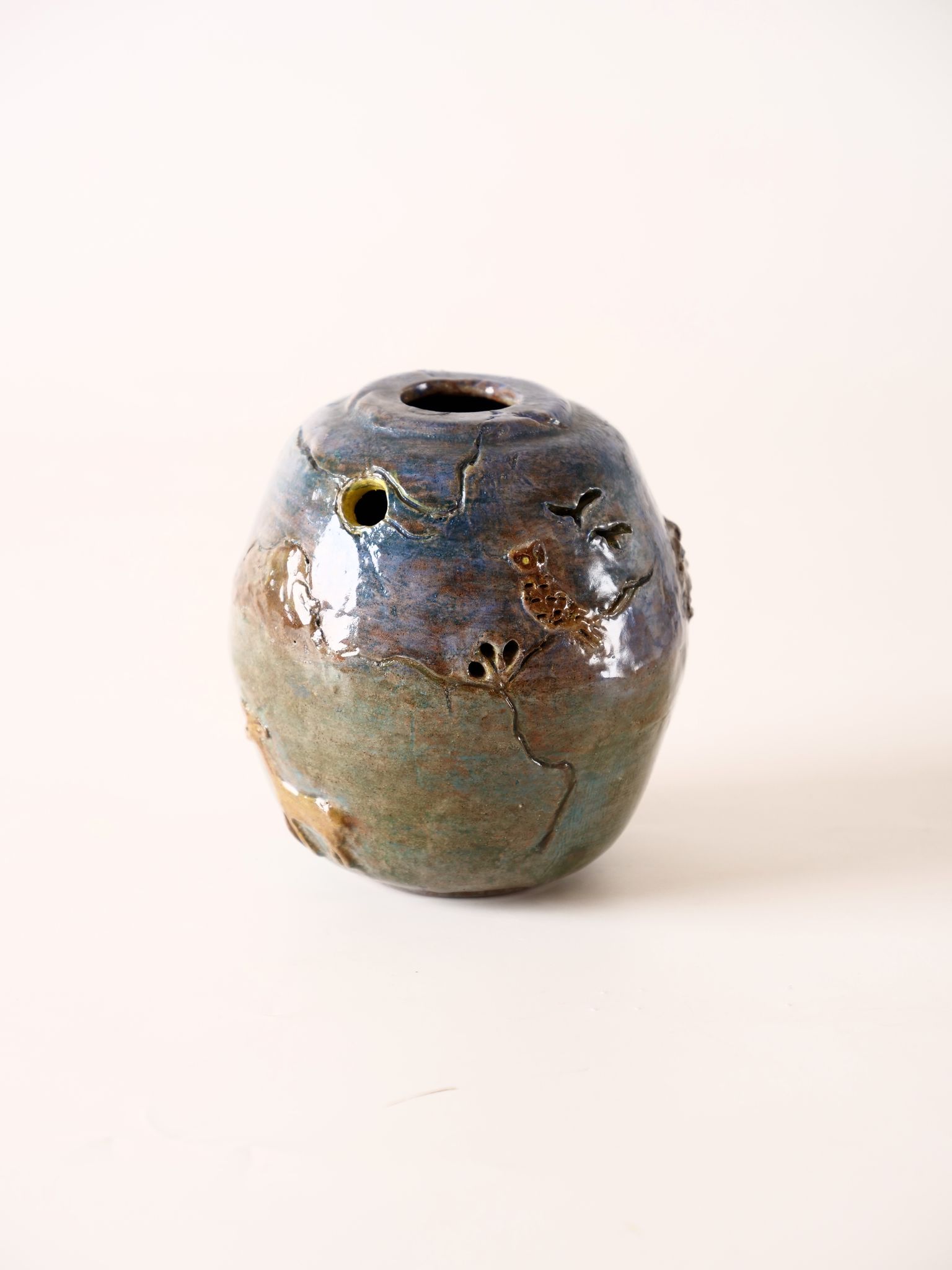 Terracotta photophore scenette owl in the moonlight