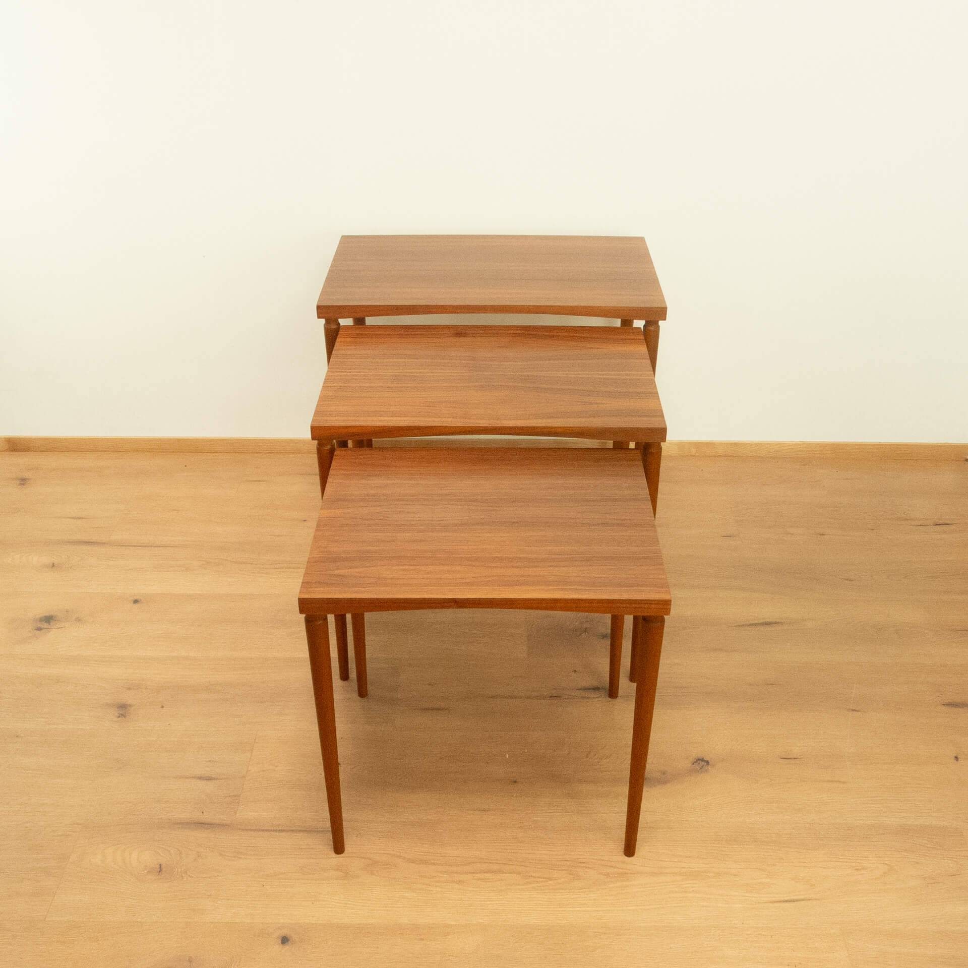 Set of 3 nesting tables, walnut with beech, vintage from the 60s