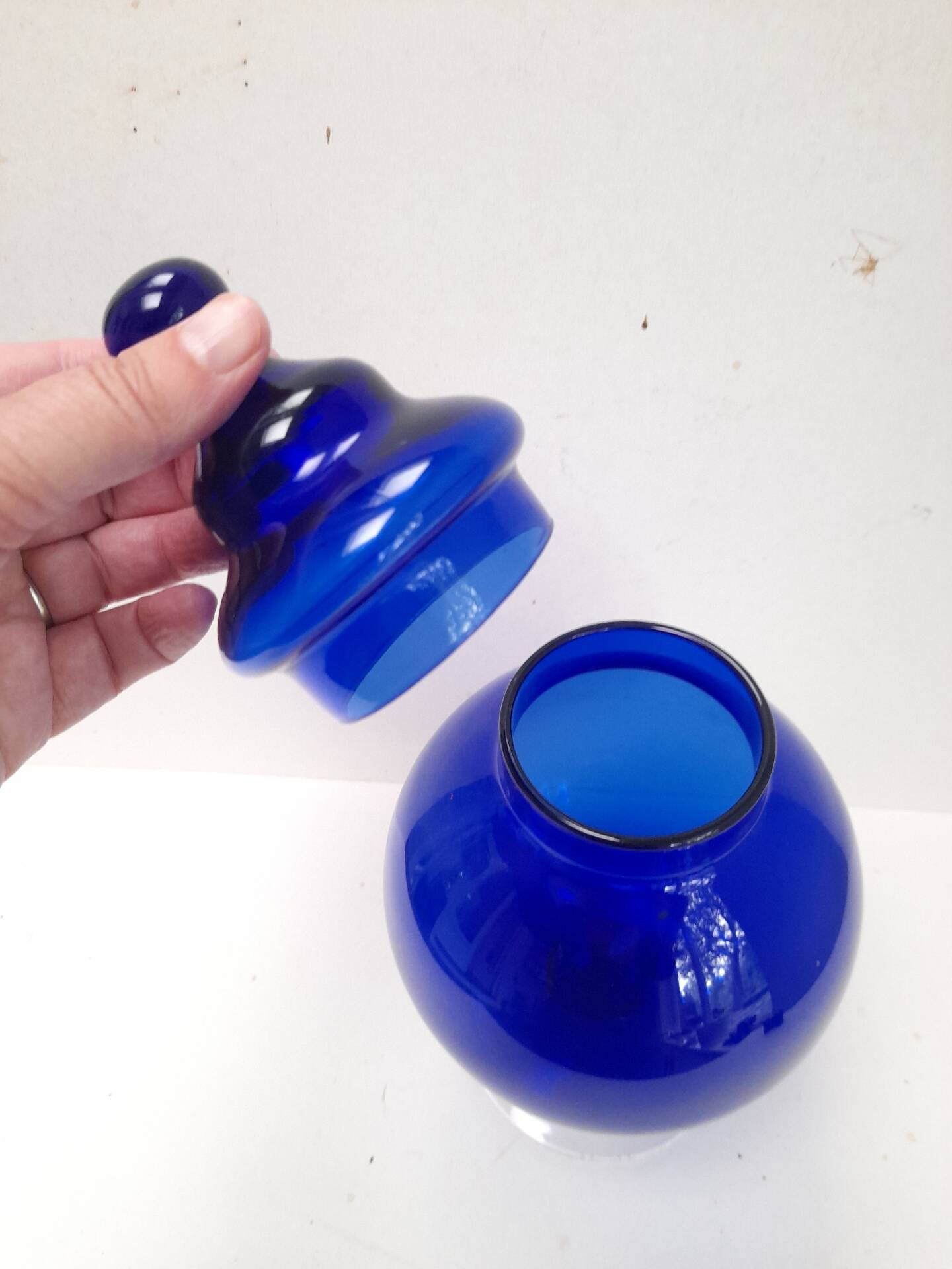 Large blue glass sweet jar on a pedestal from the 80s.