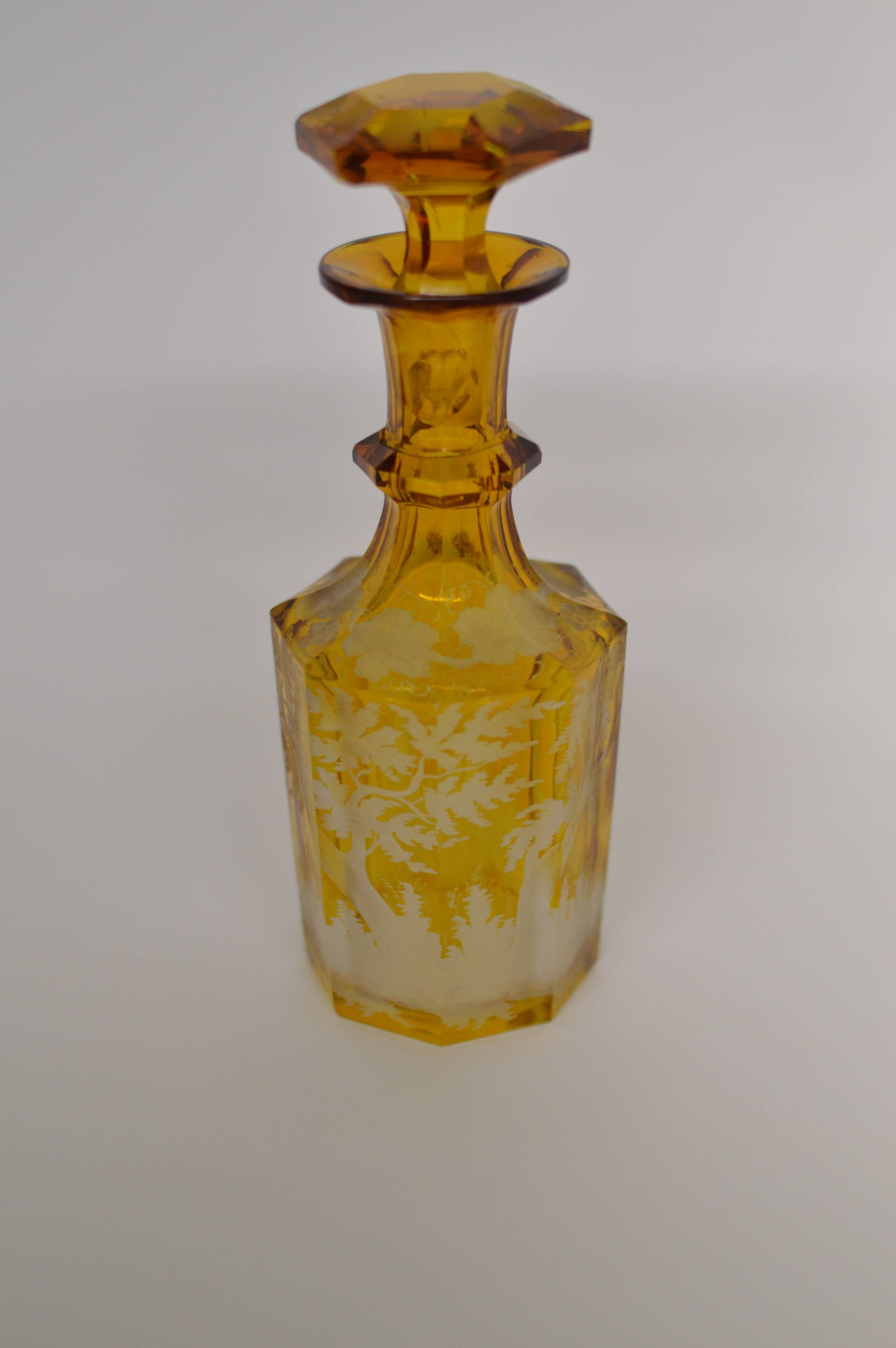 Bohemian glass carafe engraved amber colour