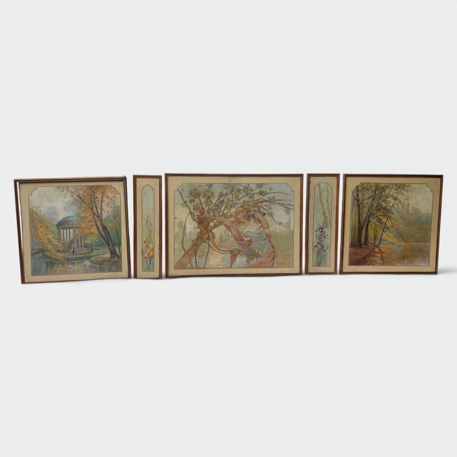 Set of Five Art Nouveau Decorative Panels. Allegory. French Work.