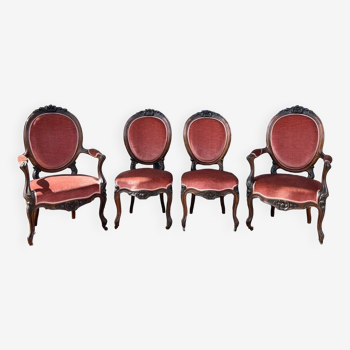 Set including a pair of armchairs + a pair of Napoleon III period chairs in rosewood