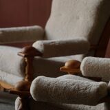 Henning Kjærnulf, lounge chairs in oak and lambswool, mid-century Danish, 1960s.