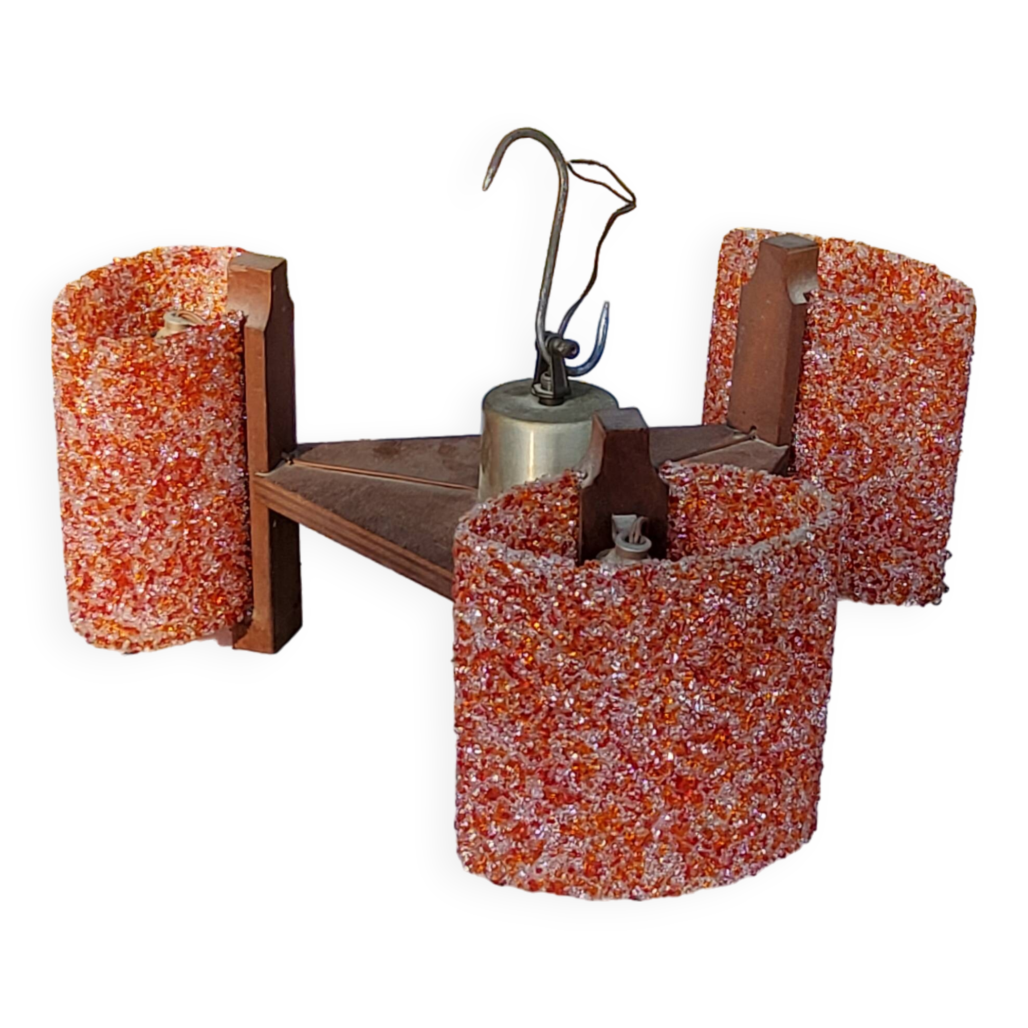 70s Scandinavian style chandelier in wood and orange granite resin 3 lights