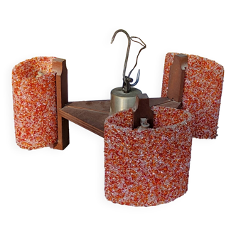 70s Scandinavian style chandelier in wood and orange granite resin 3 lights