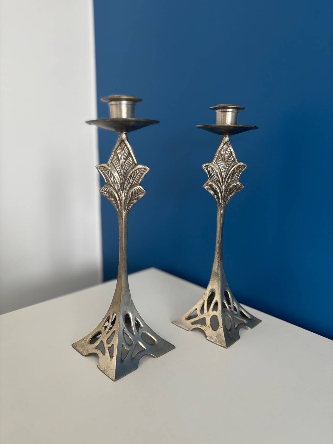 Set of 2 Art Deco Style Metal Candlesticks - Elegant and Vintage Candle Holders