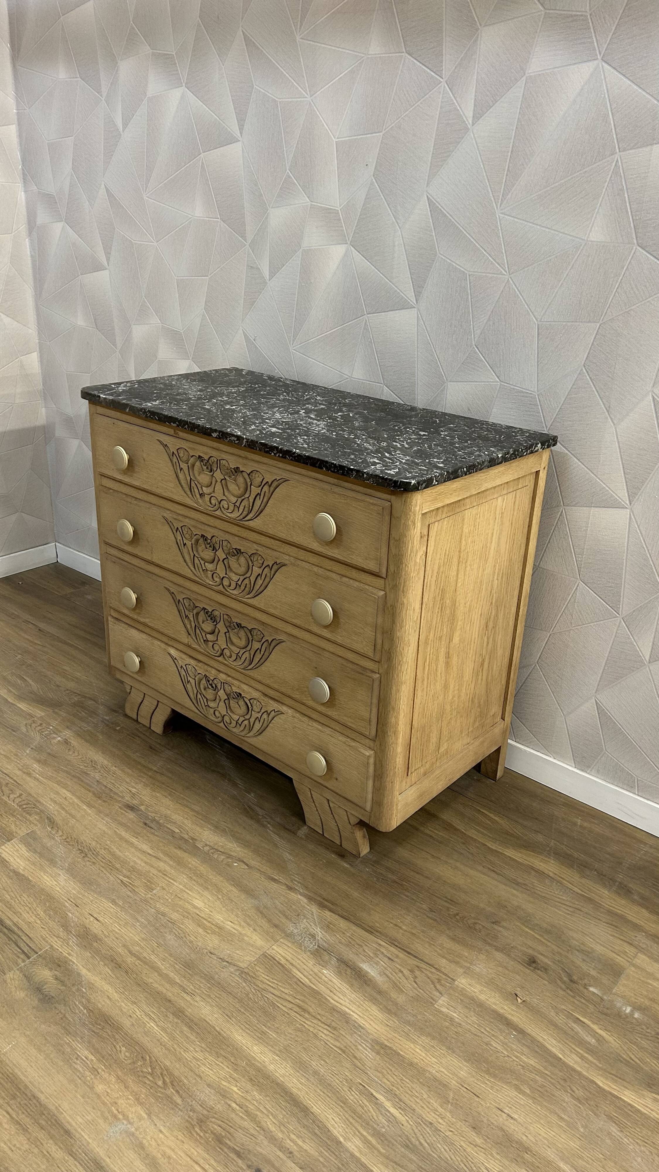 Art Deco chest of drawers in black marble and stripped solid oak