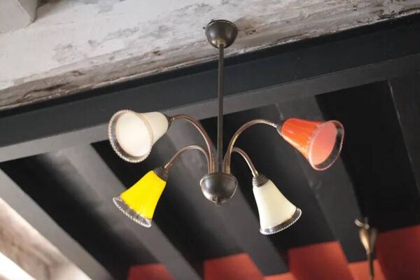 Suspension 4 feux vintage, suspension spoutnik, globe verre coloré, lampe de plafond, déco intérieur, 50's