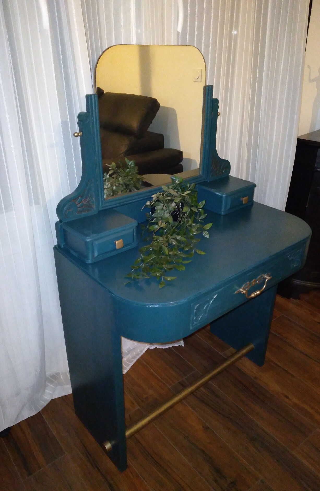 Blue art deco dressing table, swivel mirror