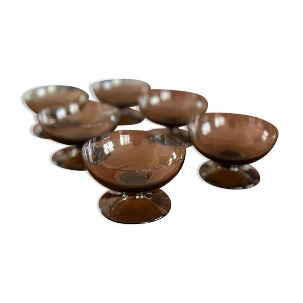 Lot de 6 Coupe a glace sorbet en verre fumé vintage années 1970 style bistro français