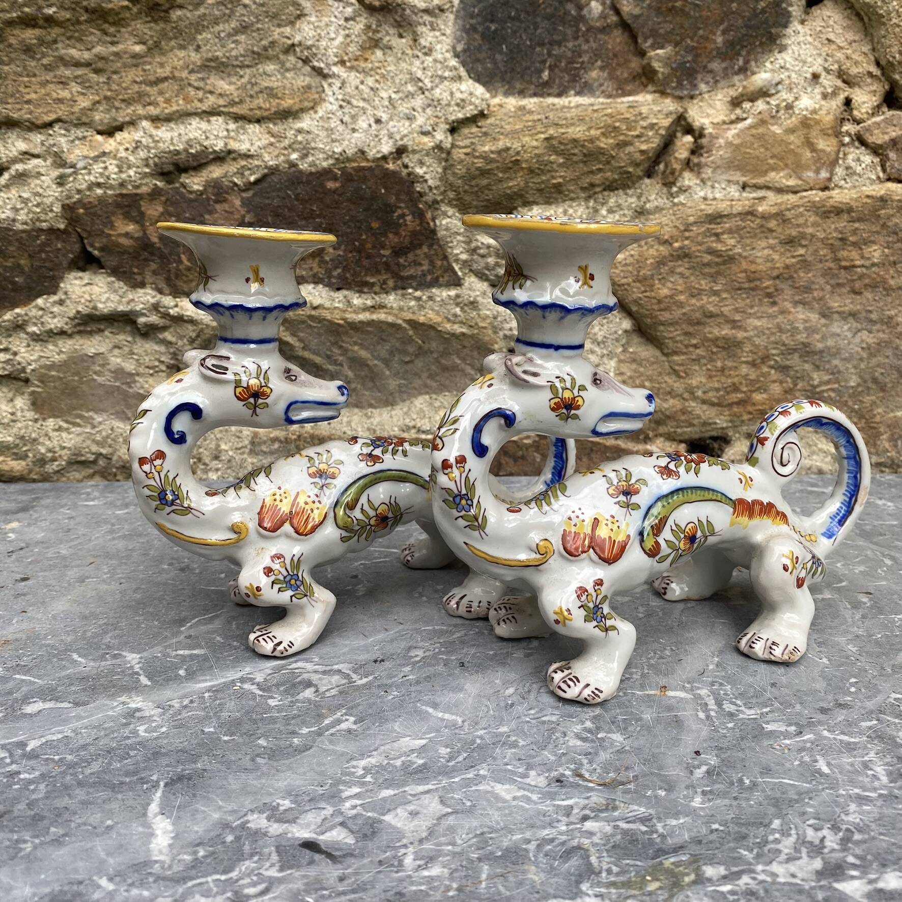 Pair of dragon candlesticks in Desvres earthenware, Rouen