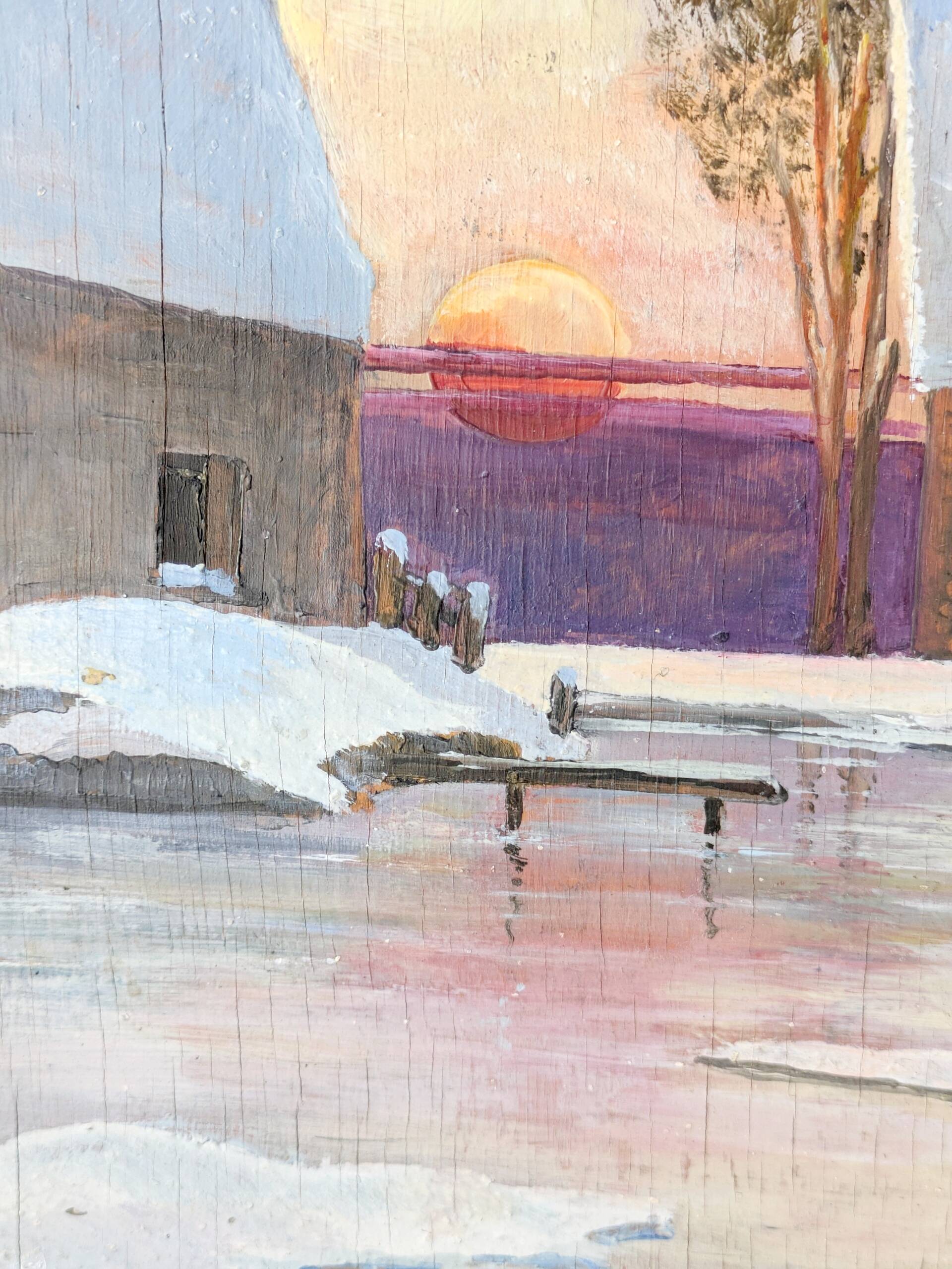 Vintage oil painting, rural winter landscape, 1960s