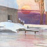 Vintage oil painting, rural winter landscape, 1960s