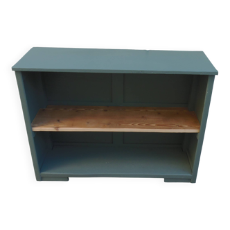 Vintage workshop furniture transformed into a smoky green bookshelf and display cabinet.