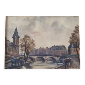 André Duculty (1912-1990) Watercolor on paper "The Clock Tower of the Palace of the City"