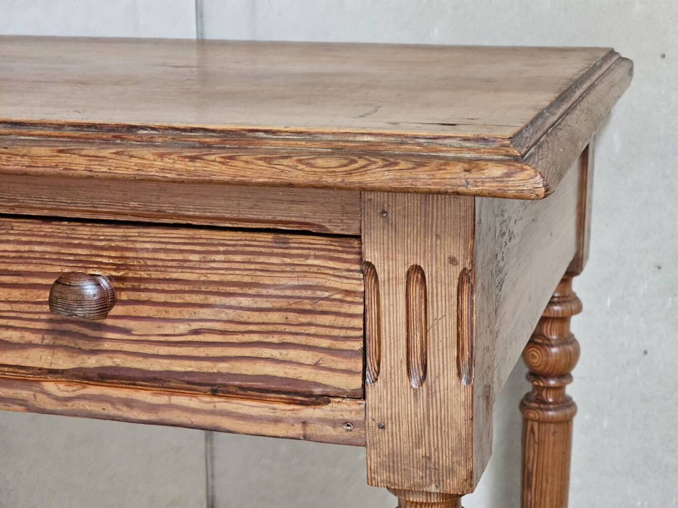 Desk, pine table, turned wooden legs, vintage, 70s