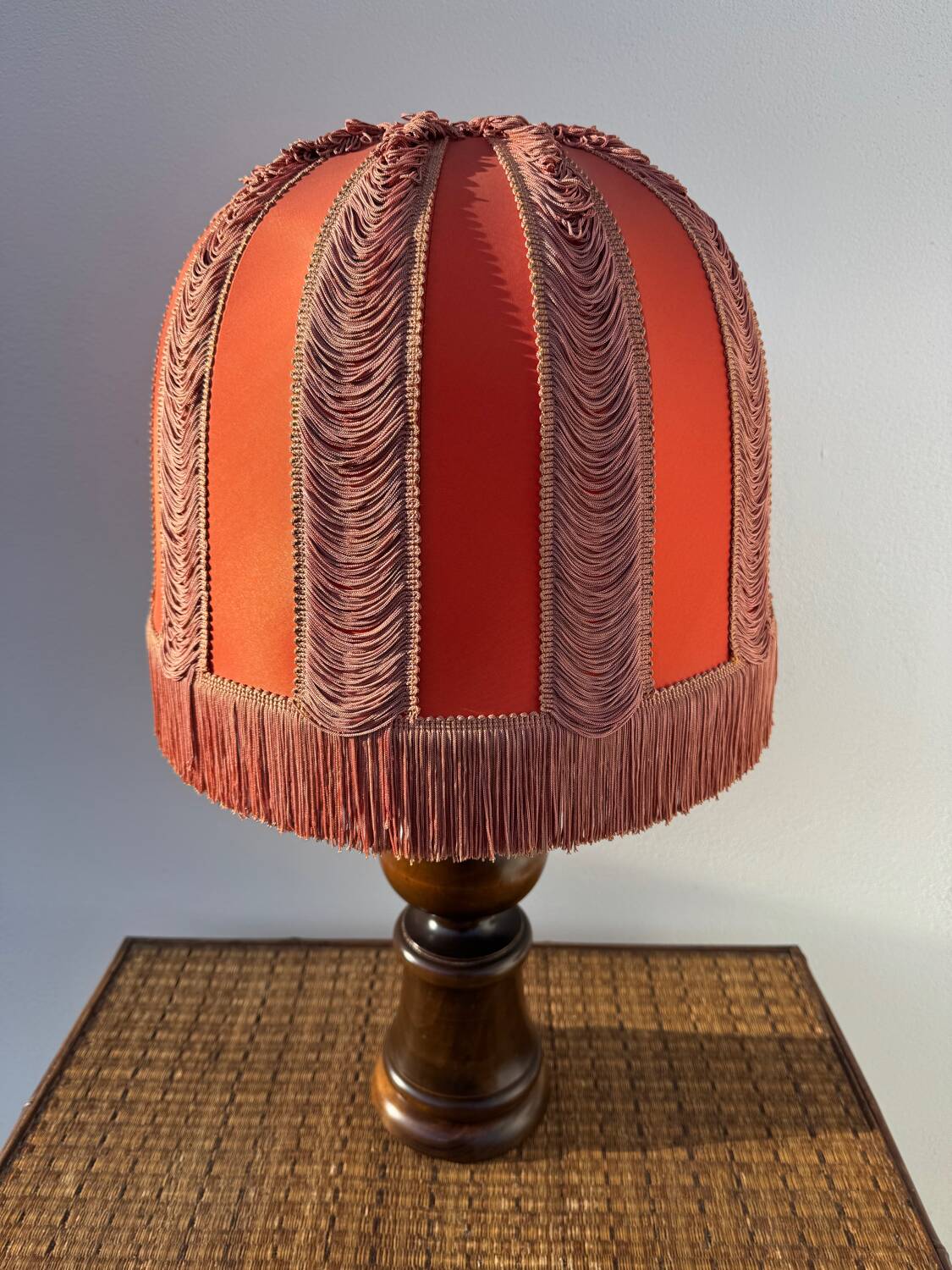Large 1960s bell-shaped lamp with fringed shade
