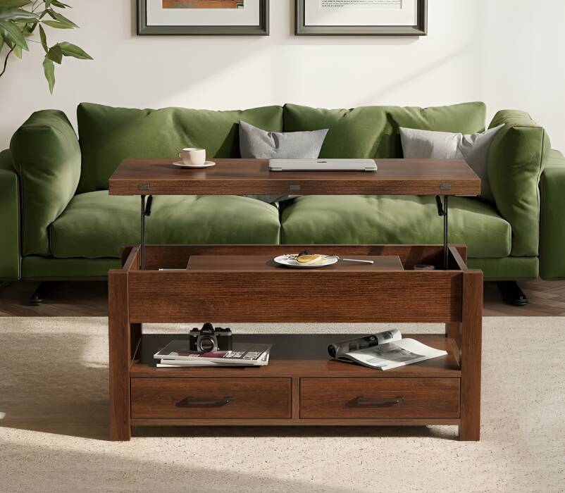 Vintage Lift-Top Coffee Table with Drawers, Hidden Storage & Laptop Stand, Convertible Coffee Table
