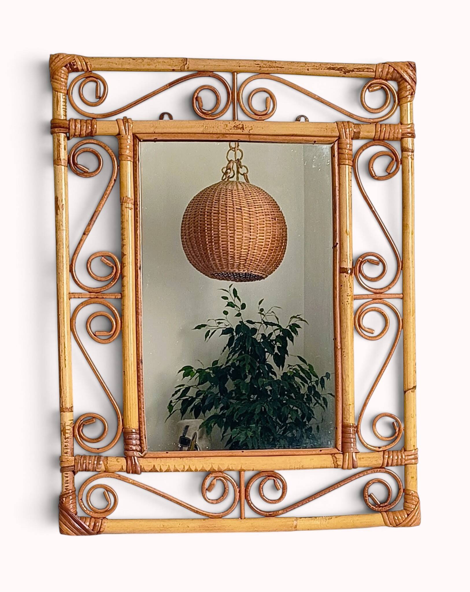 Vintage 1970s Spanish Handmade Bamboo and Rattan Wall Mirror