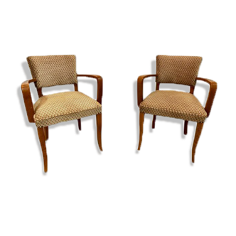 Paire de fauteuils bridge en bois massif et velours circa 1950