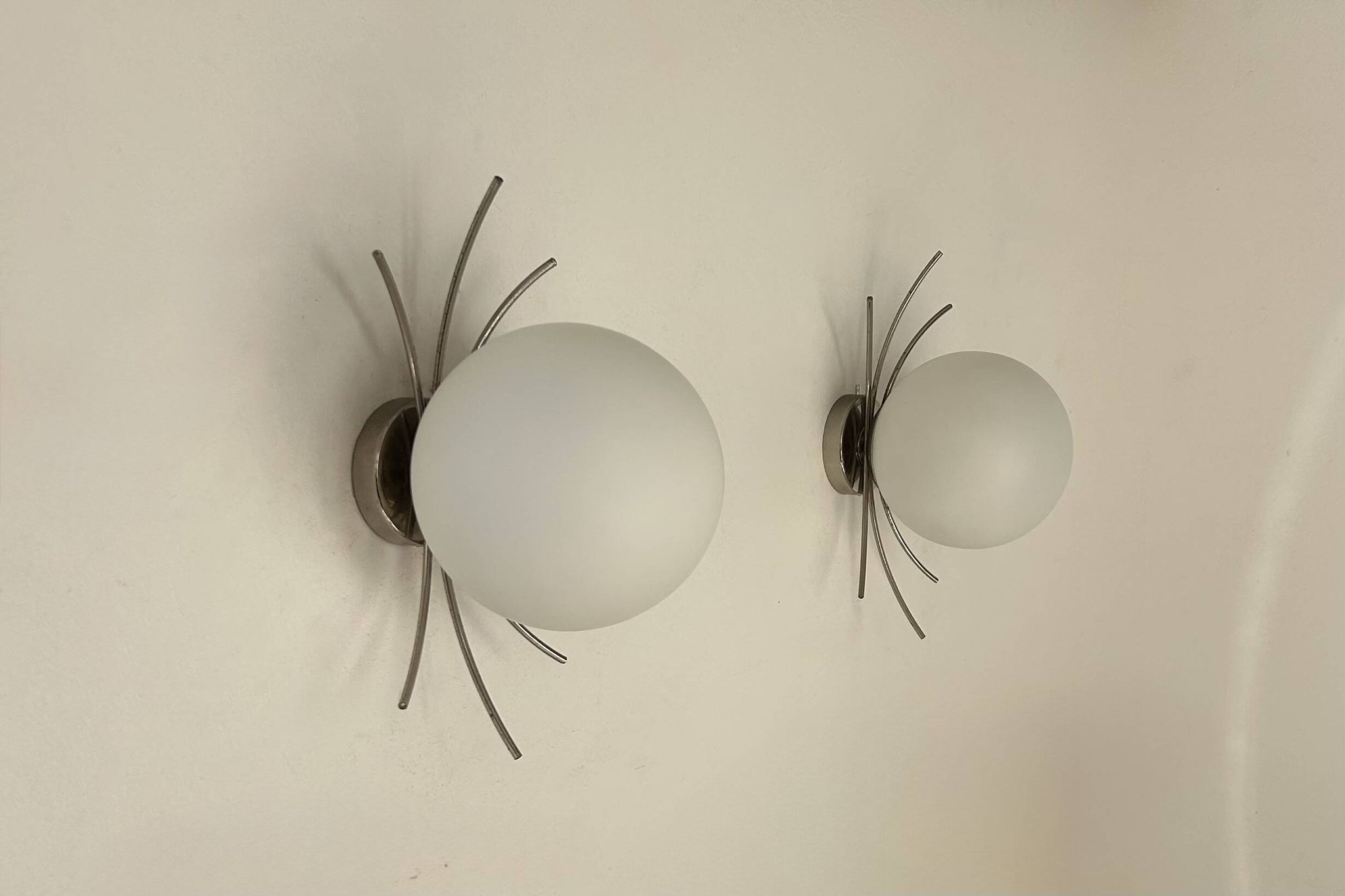 Pair of vintage wall lights, chrome and opaline, France, 1970