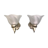 Pair of vintage rococo style sconces in patinated tin and frosted glass - 70's