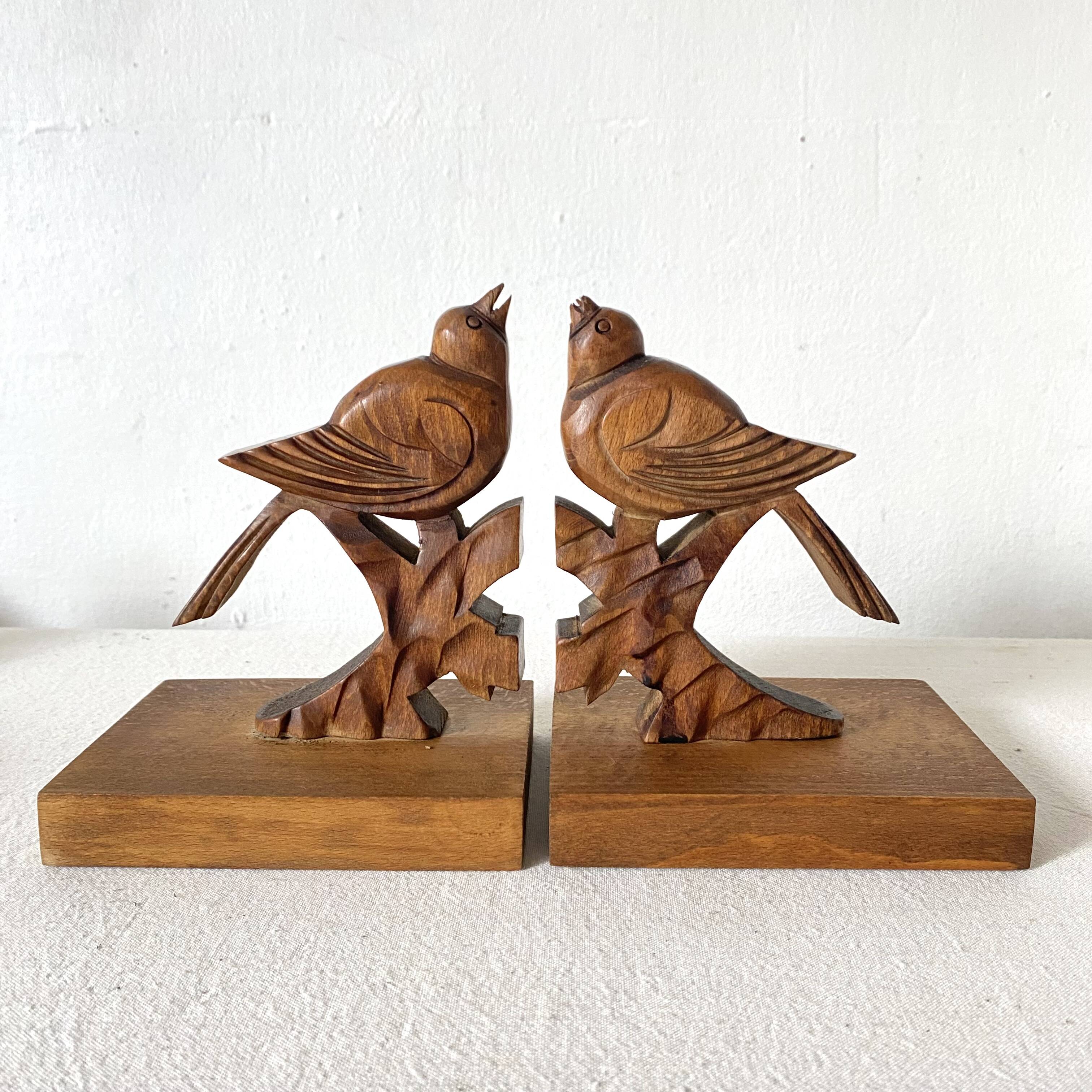 Pair of art deco wooden bookends birds