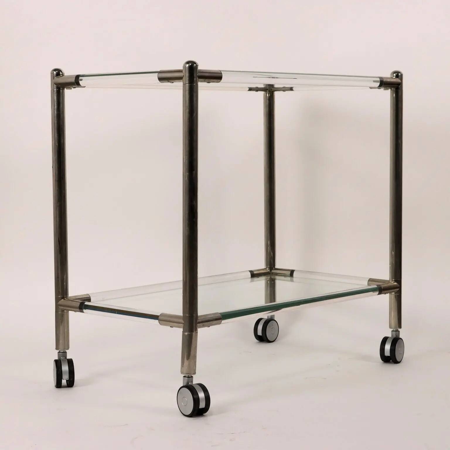 Chariot de service en verre et métal chromé, Italie, années 1980
