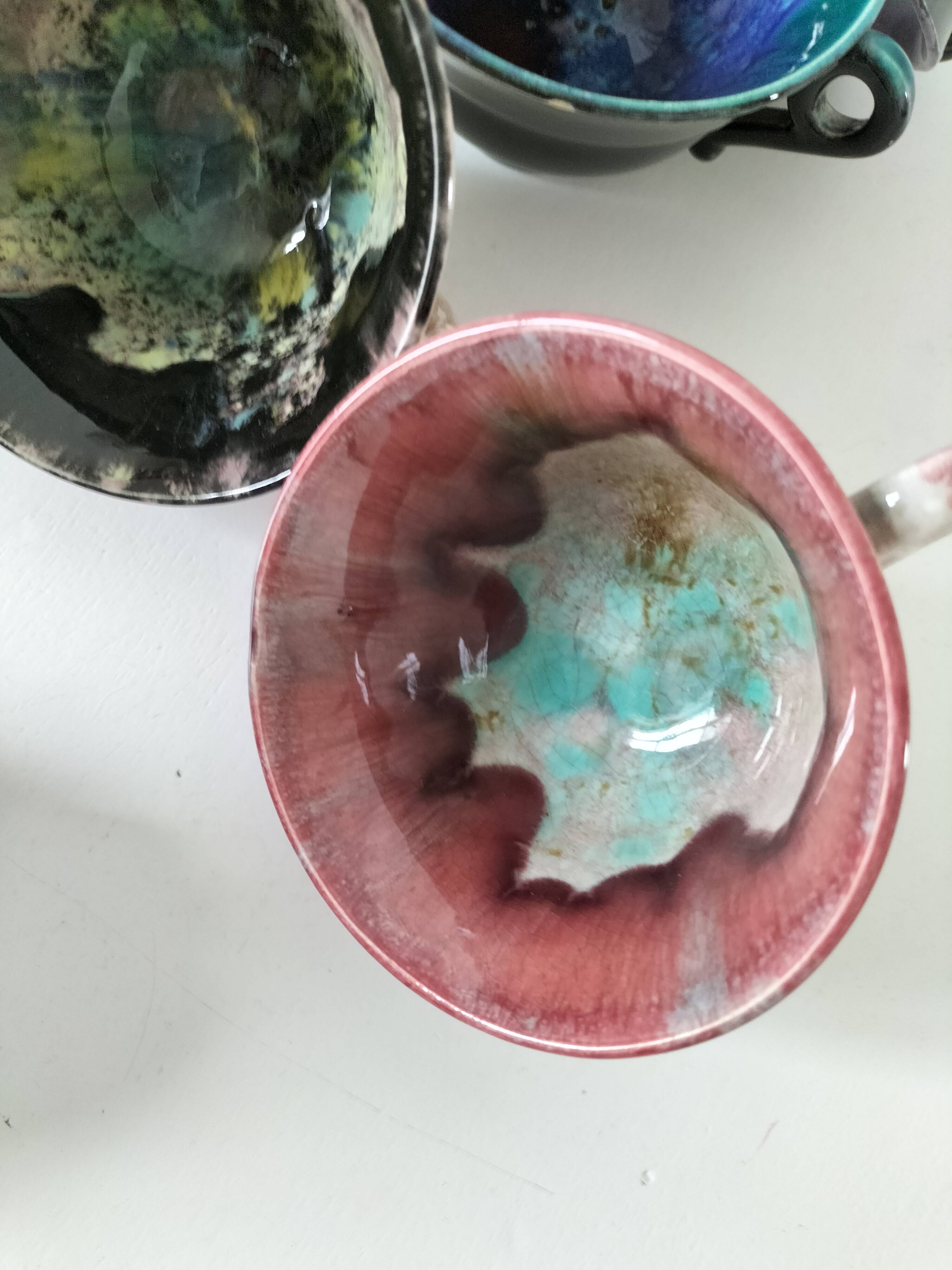 5 tasses Gaubier Morvan grès émaillé flammé multicolore