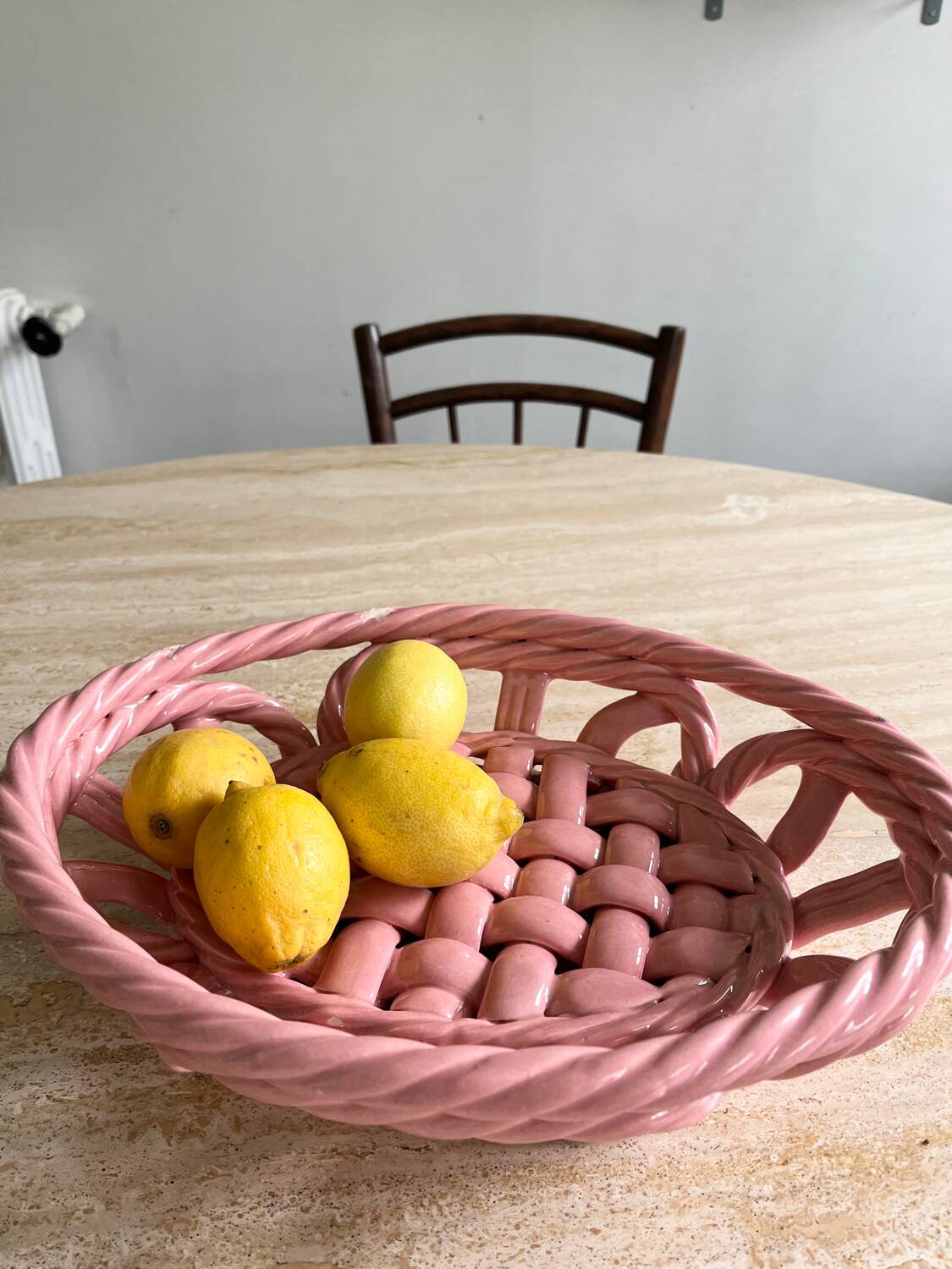 Vintage pink woven ceramic fruit basket