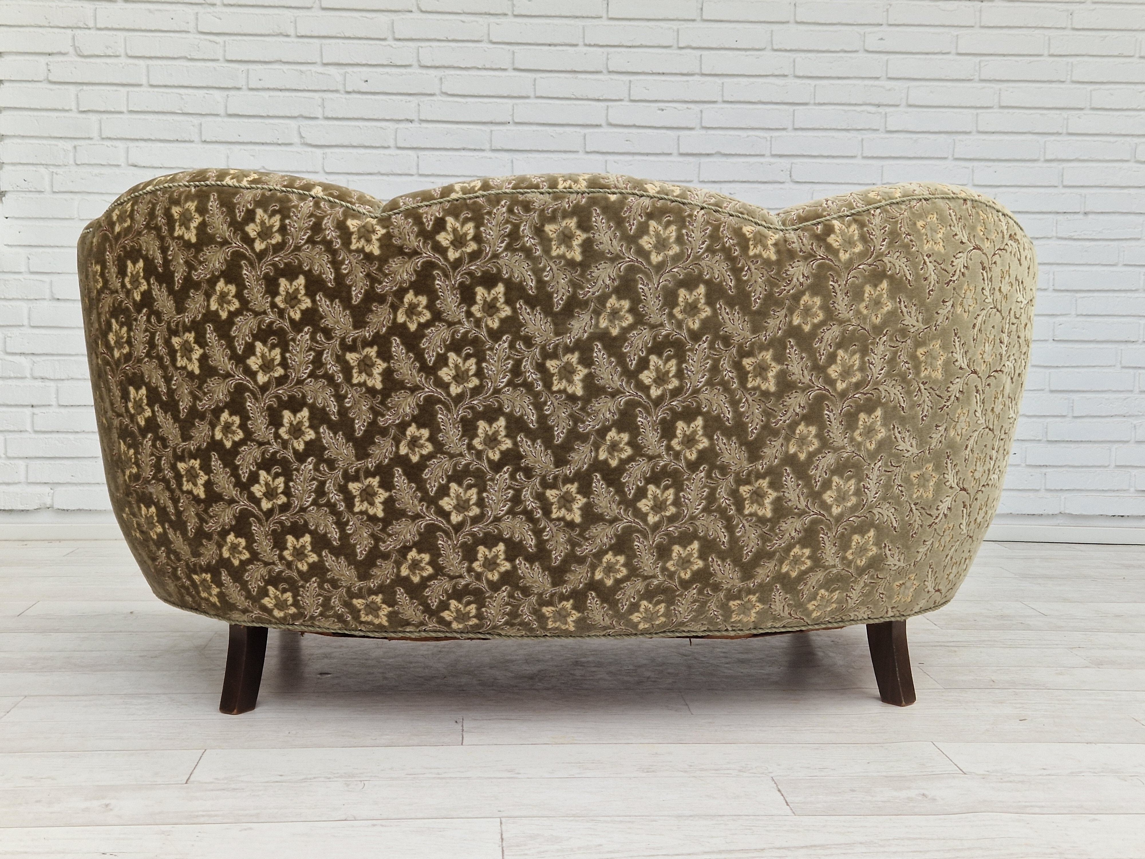 60s, danish vintage 2 seater "banana" sofa, green velour, original condition.