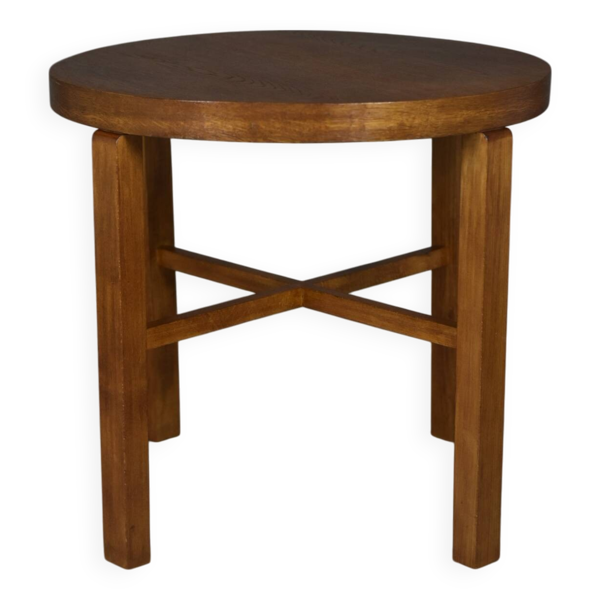 Table d'appoint en placage de chêne, années 1930, rénovée à la main, Art déco polonais